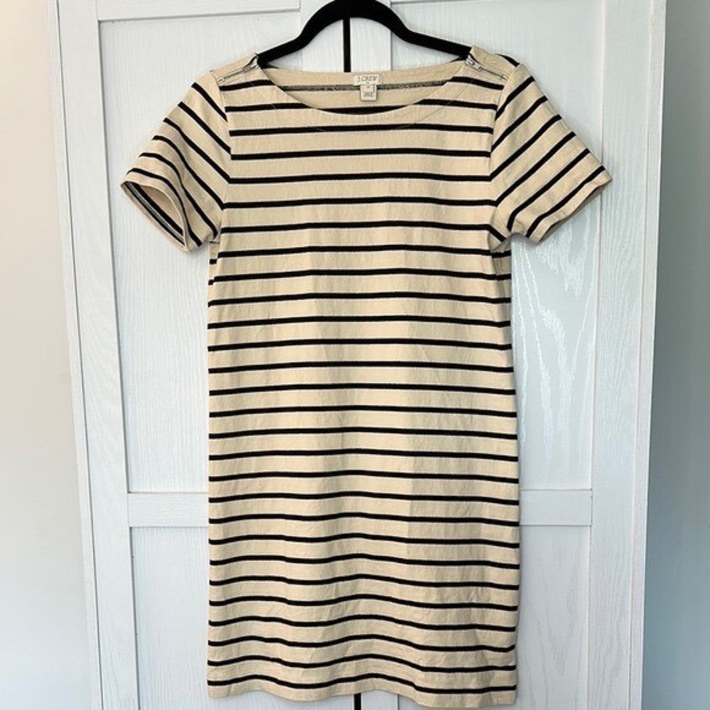 J.Crew Womens XS Striped T-Shirt Dress Beige Navy Blue Shoulder Zippers Cotton